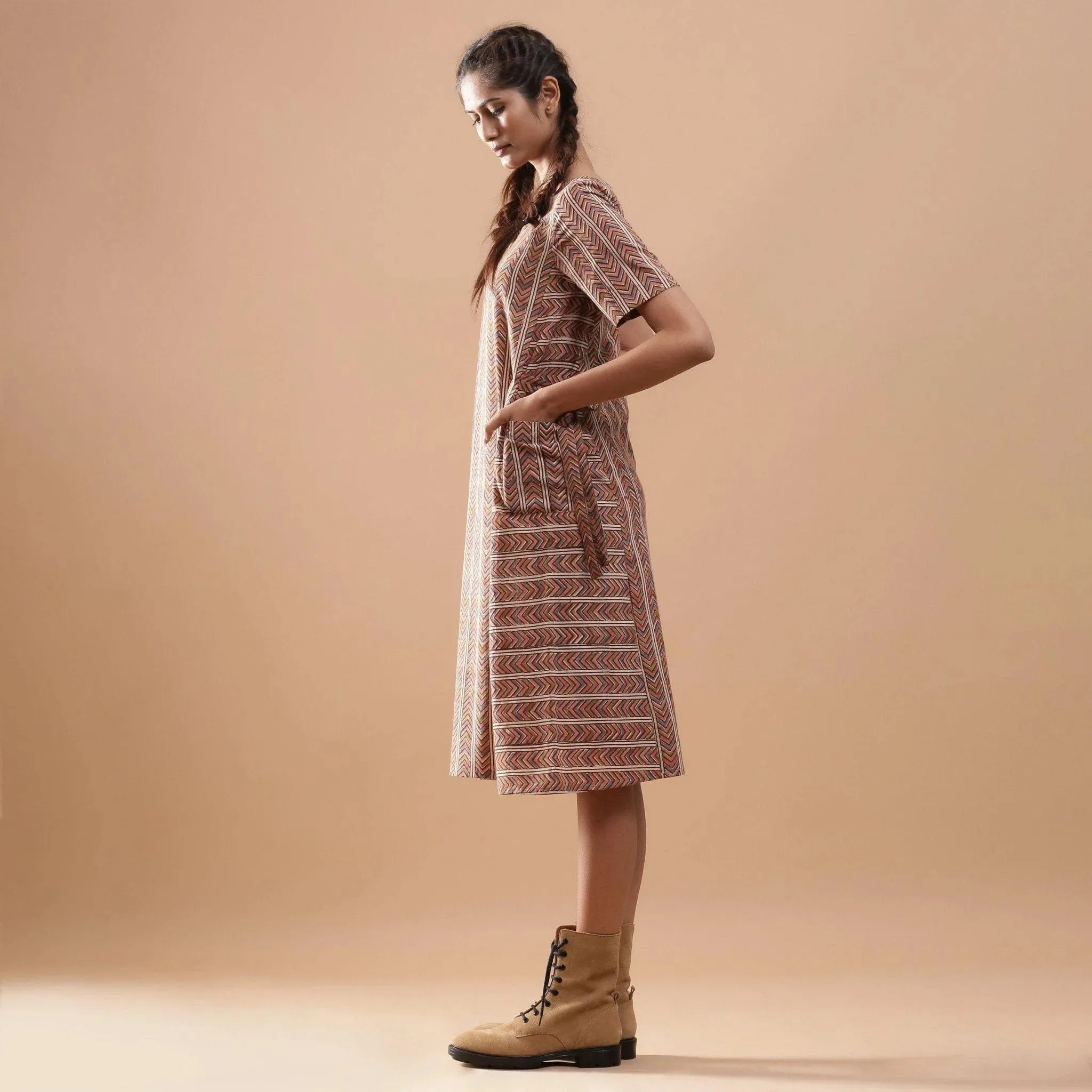 Cotton Kalamkari Block Print Striped Flared Midi Dress