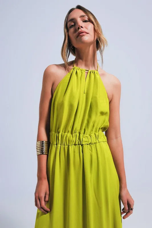 Green Satin Midi Slip Dress In Bright Lime